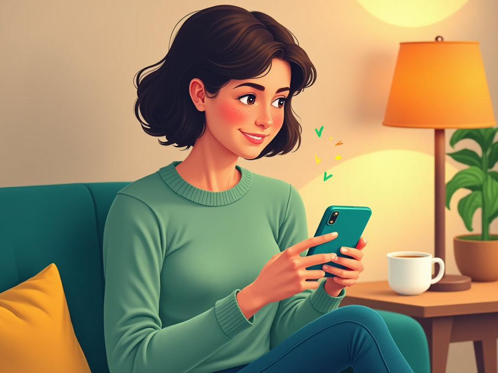 Illustration: Same person smiling while viewing DopaLoop with green checkmarks